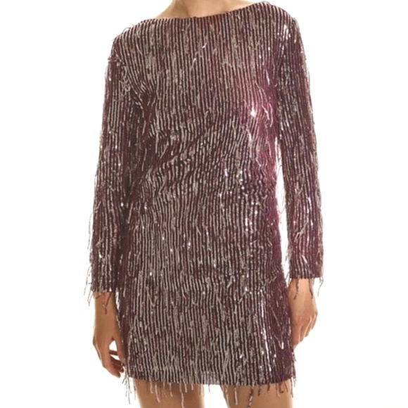 $10 SALE Zara Sequin Fringe Mini Dress Burgundy Red Silver Party Glam SM - Picture 1 of 14